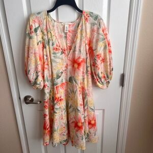 H&M Floral Print Mini Dress V Neck Balloon‎ Sleeve Colorful Cottagecore Size M